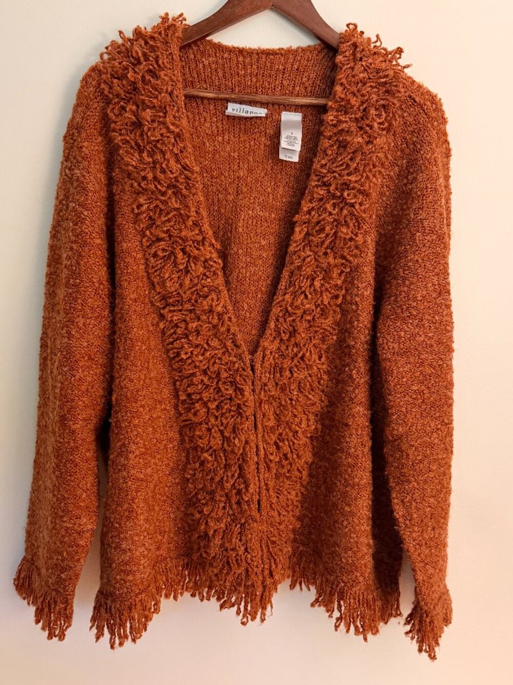 Vintage Villager by Liz Claiborne Rust Shaggy Fringe Wool Blend Cardigan, Size 3